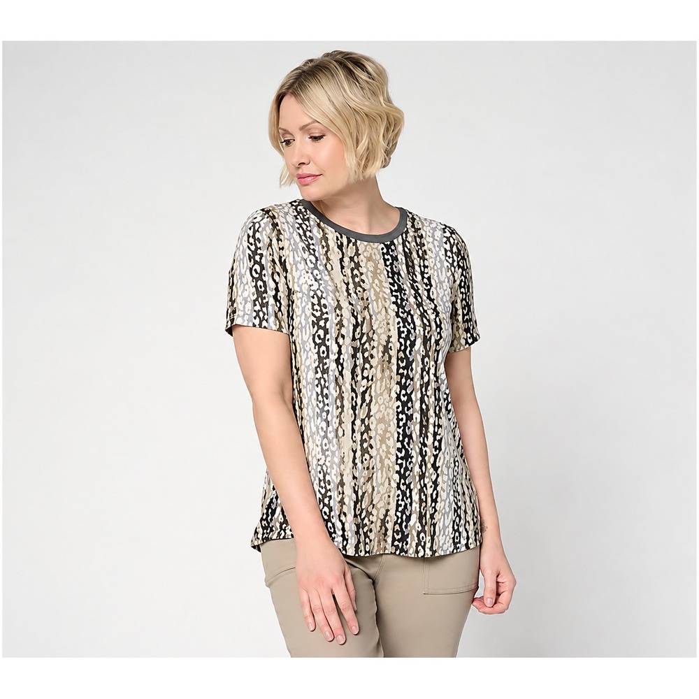 LOGO by Lori Goldstein Rayon 230 Printed Ringer Tee Neutral, X-Large
